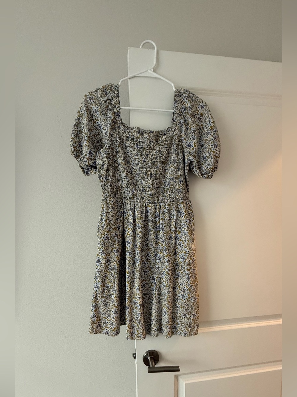 Universal Thread Floral Puff-Sleeve Dress in Blue, Yellow, Cream